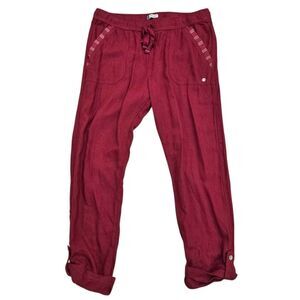Roxy Linen Blend Lounge Pants Women's Medium Burgundy Drawstring Roll-Up Hem